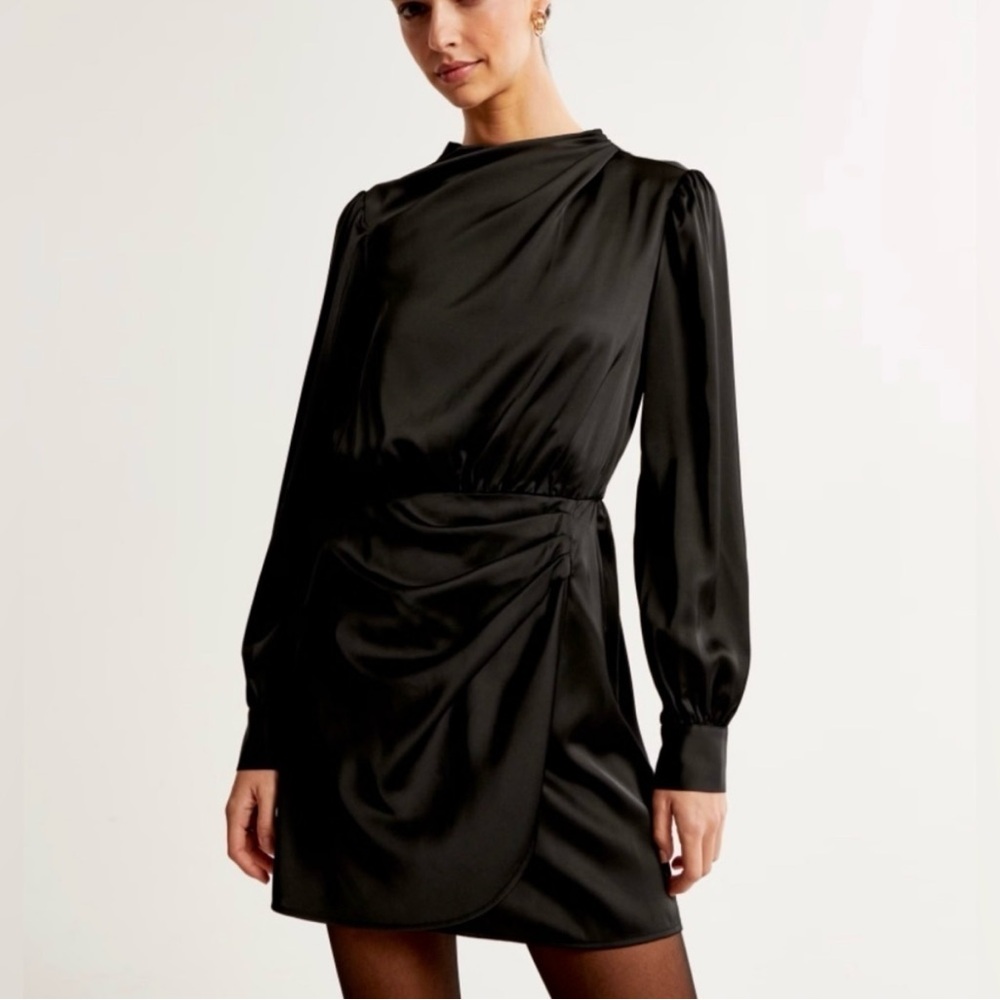 Abercrombie Long Sleeve Black Satin Draped High Neck Mini Dress S